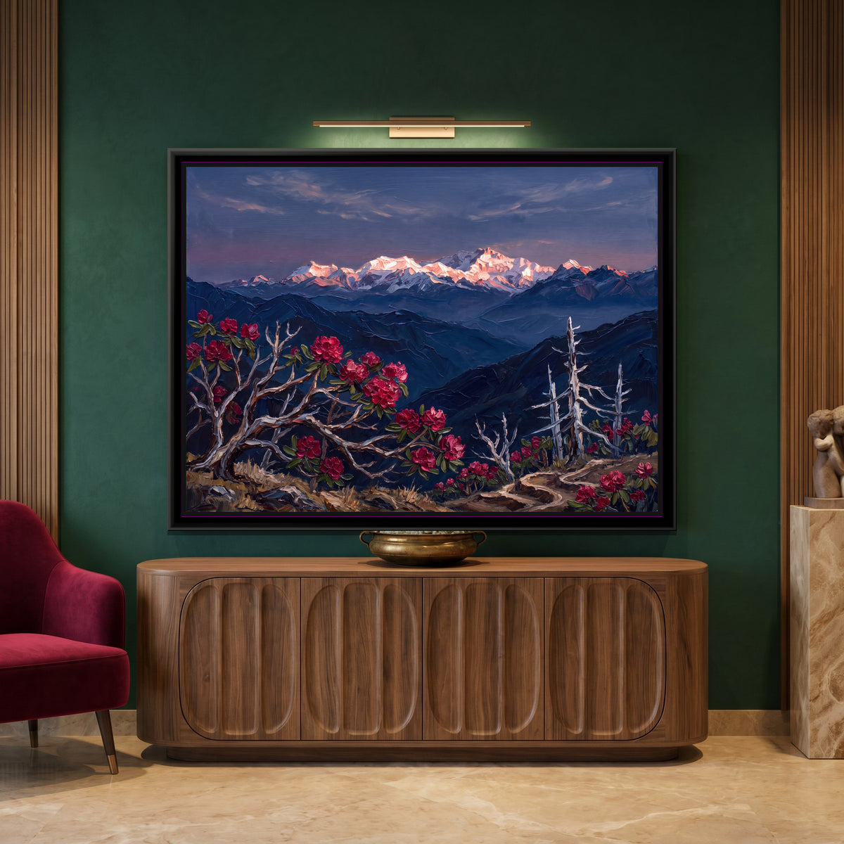 Rhododendrons and Silver Firs Before a Dawn Range - canvas art shown in a second room setting