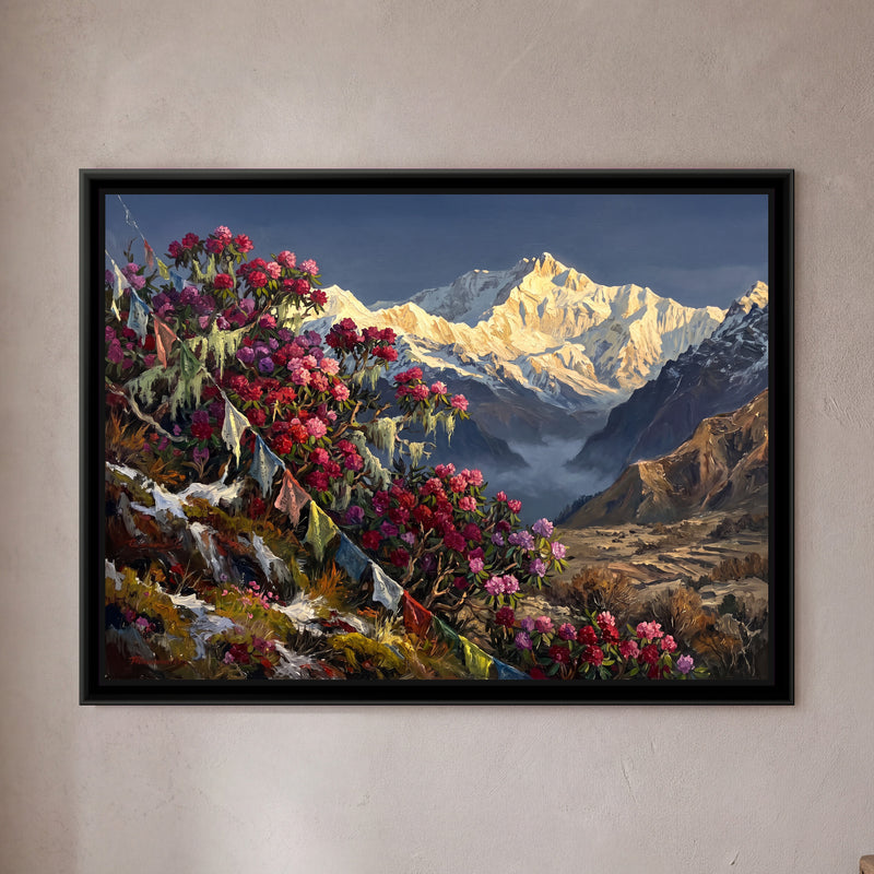 Rhododendrons and Prayer Flags Below a Golden Peak - framed canvas art hung on a wall