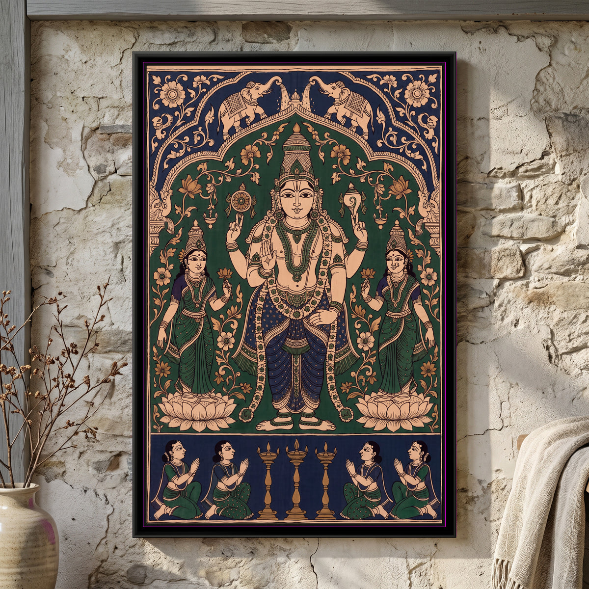 Shri Vishnu with Sridevi and Bhudevi in Emerald Green and Indigo - framed canvas art hung on a wall