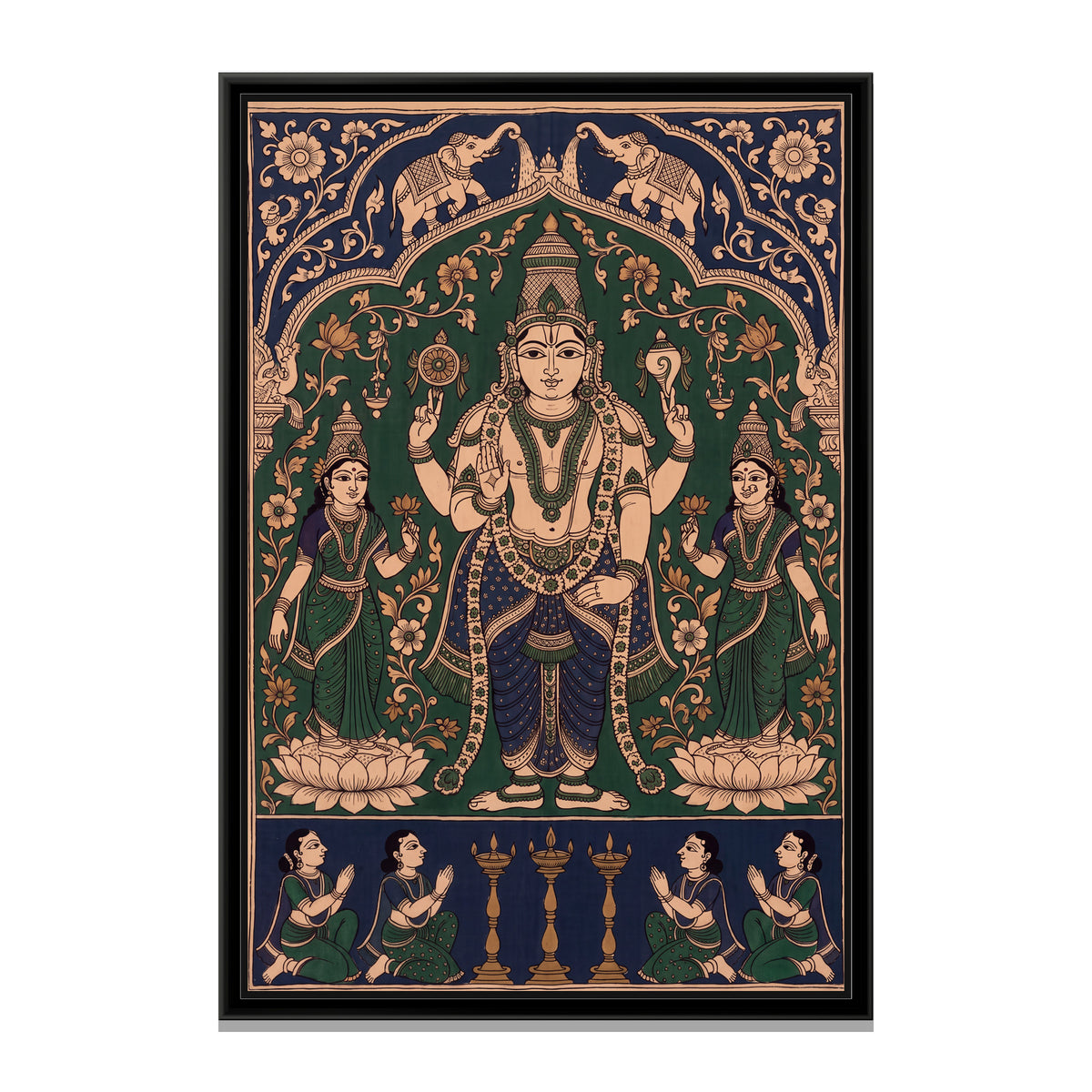 Shri Vishnu with Sridevi and Bhudevi in Emerald Green and Indigo - framed canvas print, front view