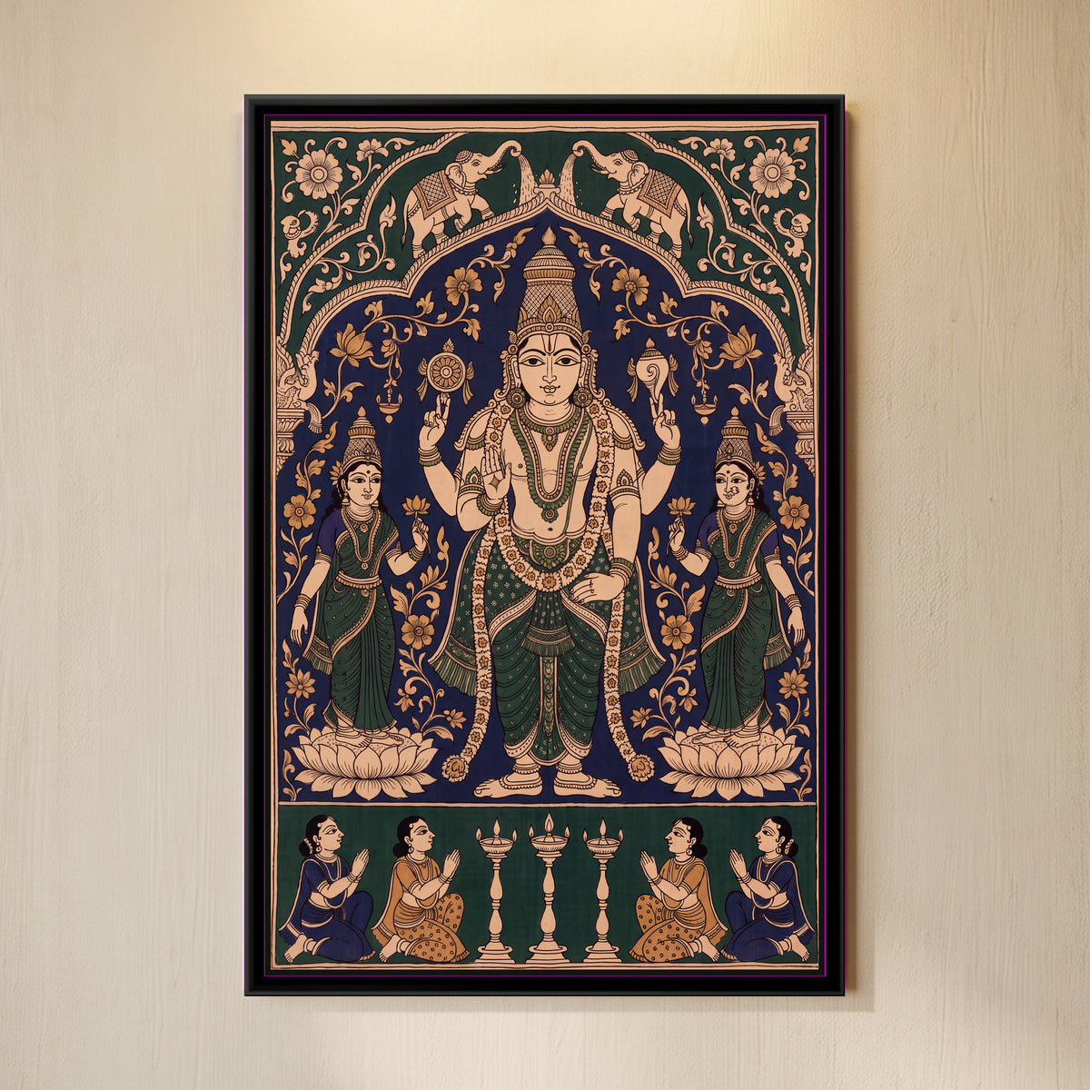 Shri Vishnu with Sridevi and Bhudevi in Indigo and Green - framed canvas art hung on a wall