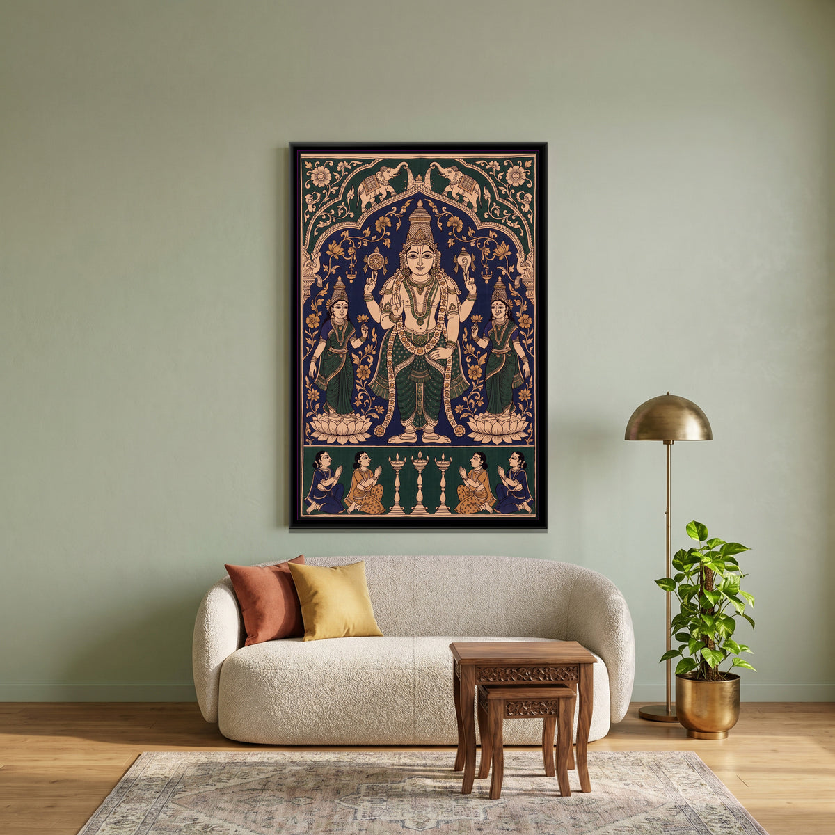 Shri Vishnu with Sridevi and Bhudevi in Indigo and Green - canvas art shown in a second room setting