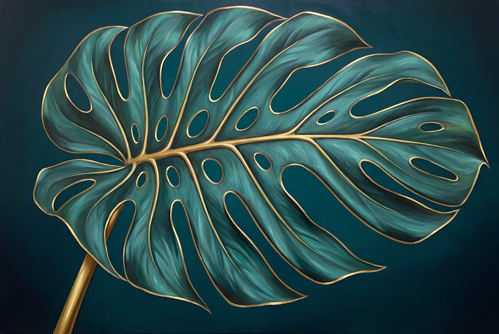 Single teal monstera leaf with gold veins on a dark ground