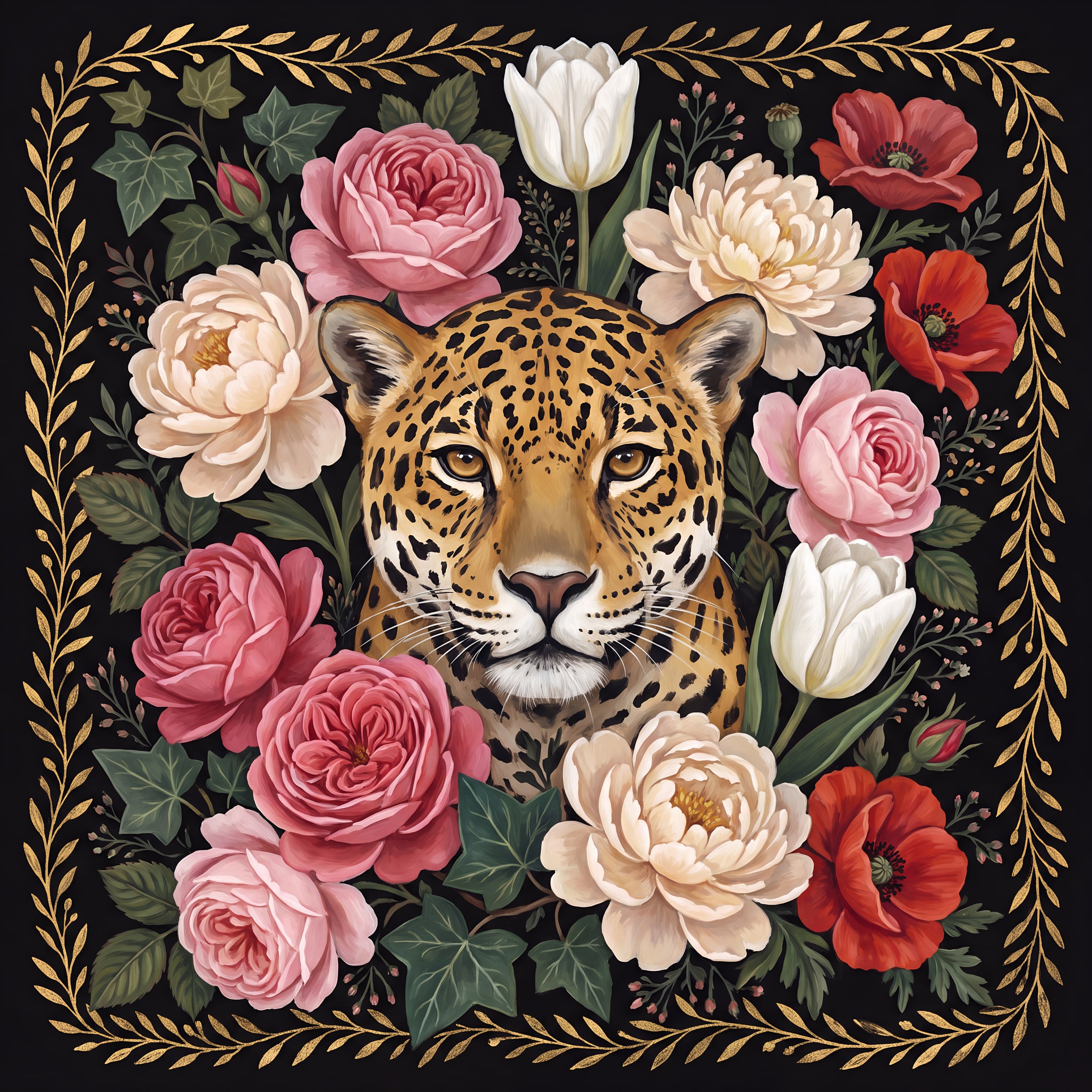 Jaguar looking out from roses, peonies and tulips inside a gold border on black