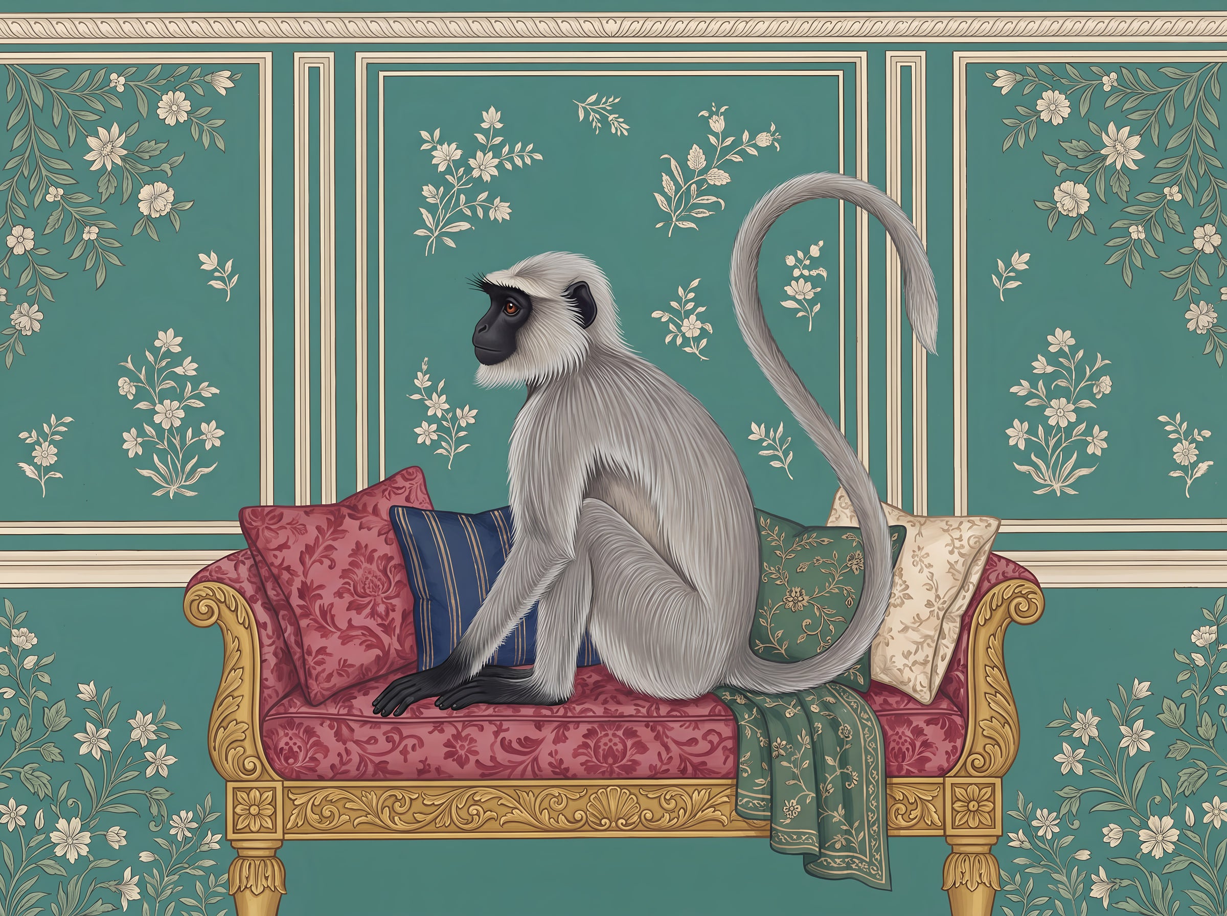 Grey langur seated on an embroidered settee against green floral panelling