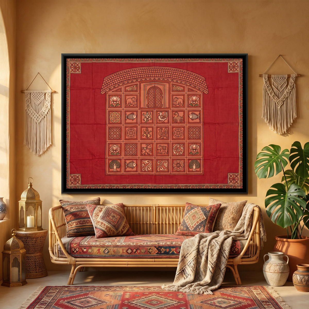 Terracotta Temple Facade - canvas art shown in a styled room