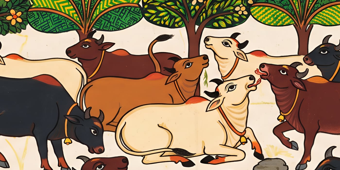 A Phad painting at full resolution - flat colour and drawn line