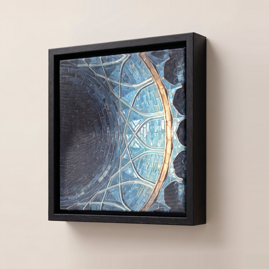 Matt black floater frame at an angle, showing its depth