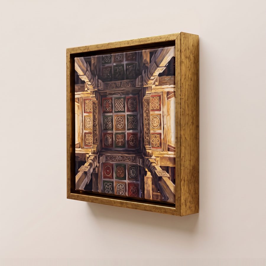 Antique gold floater frame at an angle, showing its depth