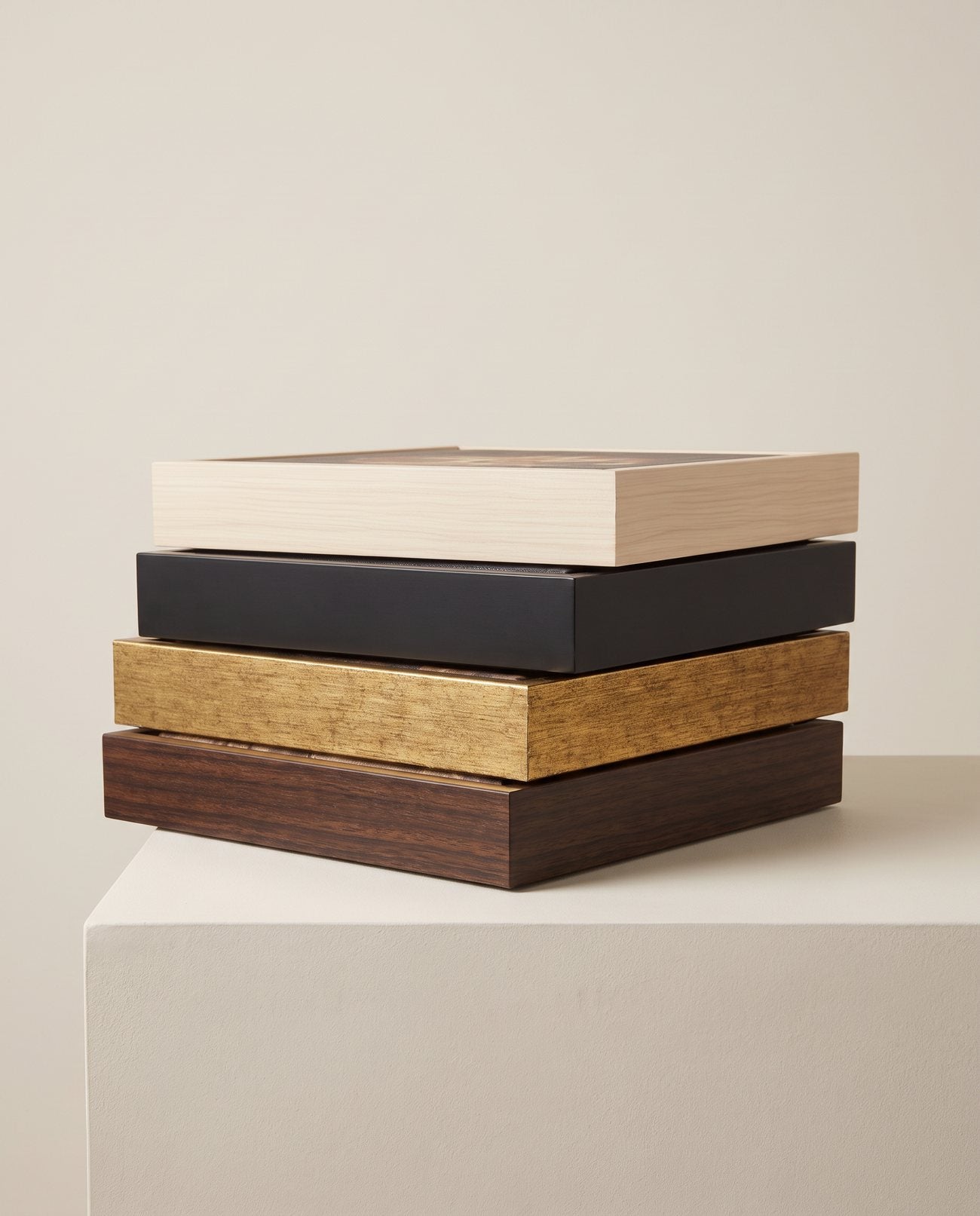 The four floater frames stacked, showing each finish and the depth of the moulding