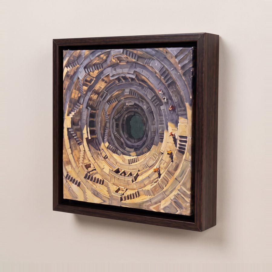 Walnut floater frame at an angle, showing its depth