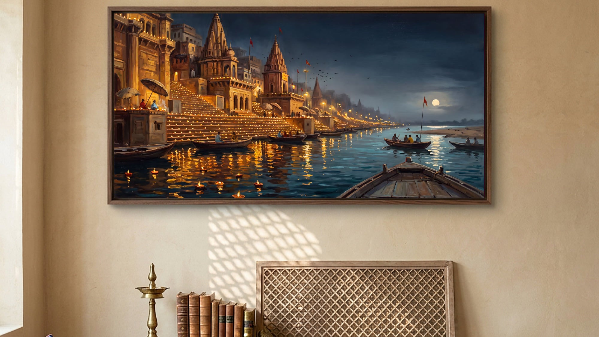 A wide pichwai canvas above a green velvet sofa in a teak-panelled room