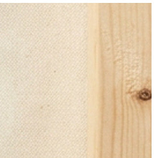 A slim solid pine stretcher bar behind taut canvas, grain and a knot visible