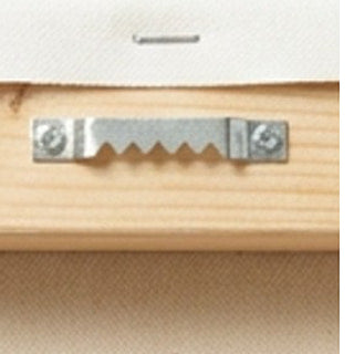 A sawtooth hanger screwed into the top stretcher bar, ready to hang