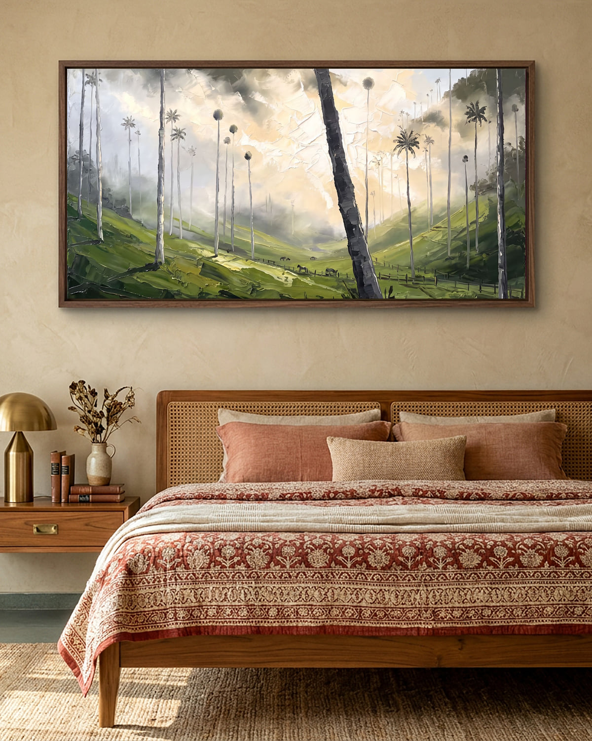 A wide canvas of a green valley in cloud, hung above a bed