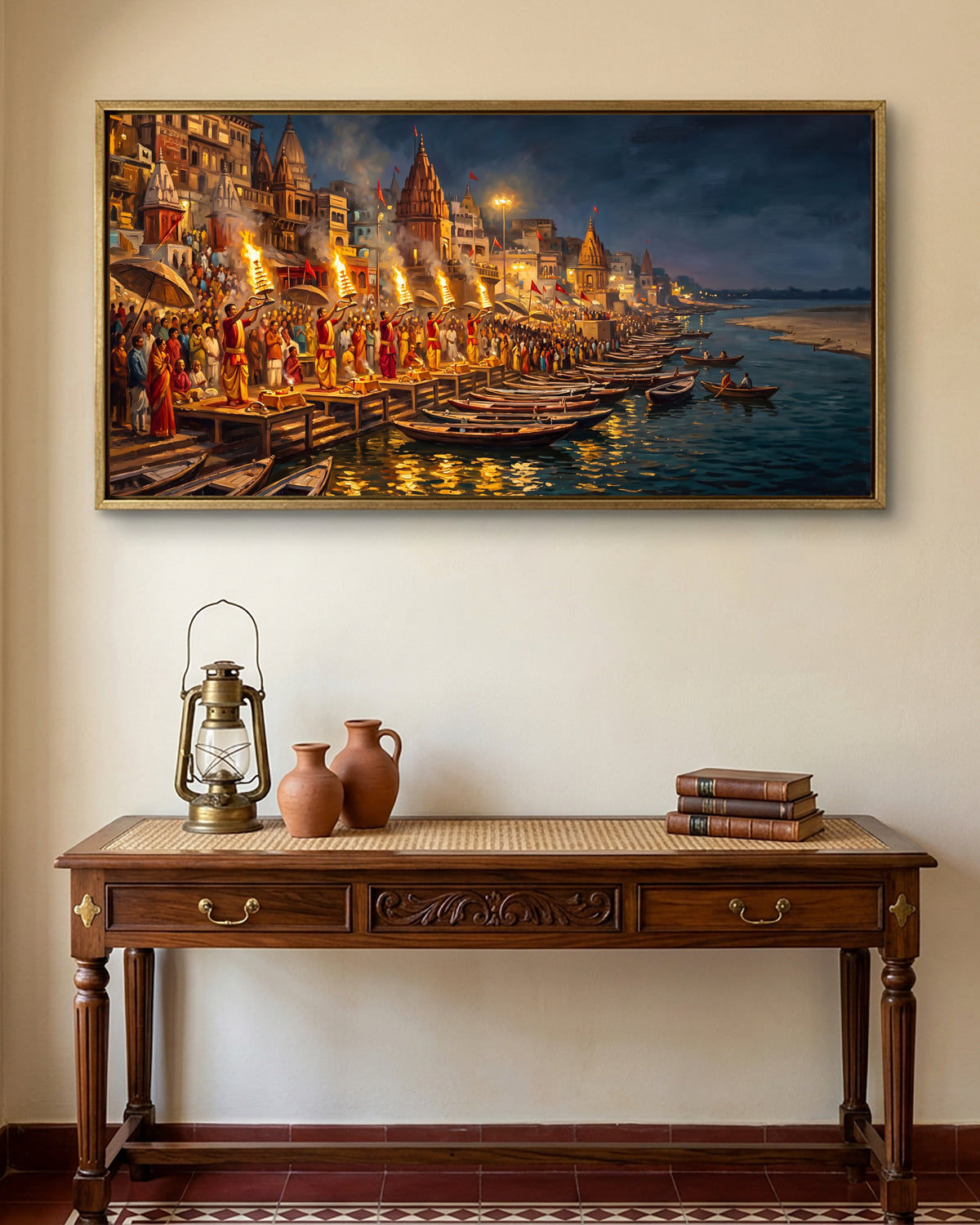 A wide canvas of the Dashashwamedh aarti at dusk, hung above a sofa