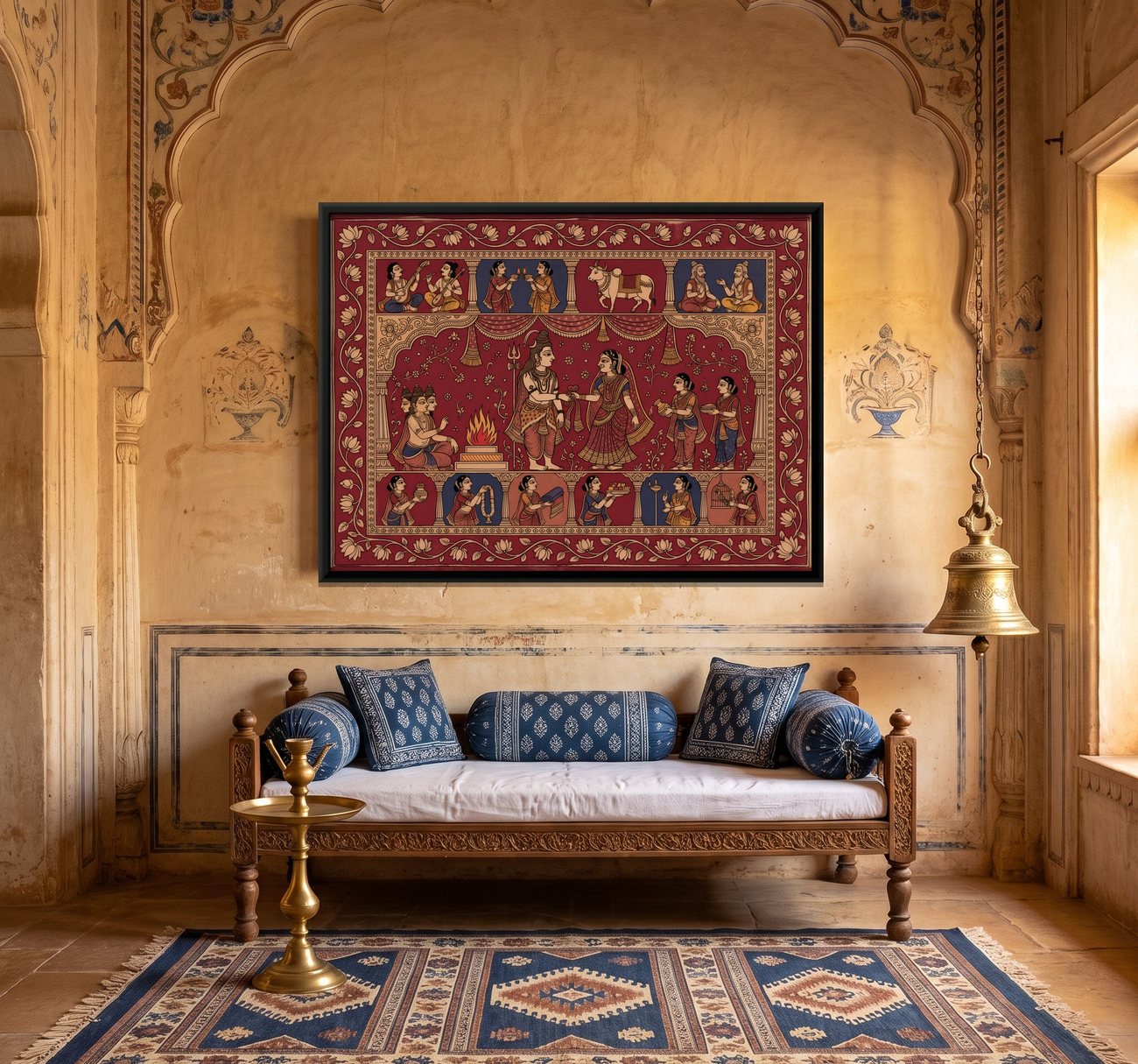 The Wedding of Shiva and Parvati Kalamkari canvas in a warm haveli room above a carved seat