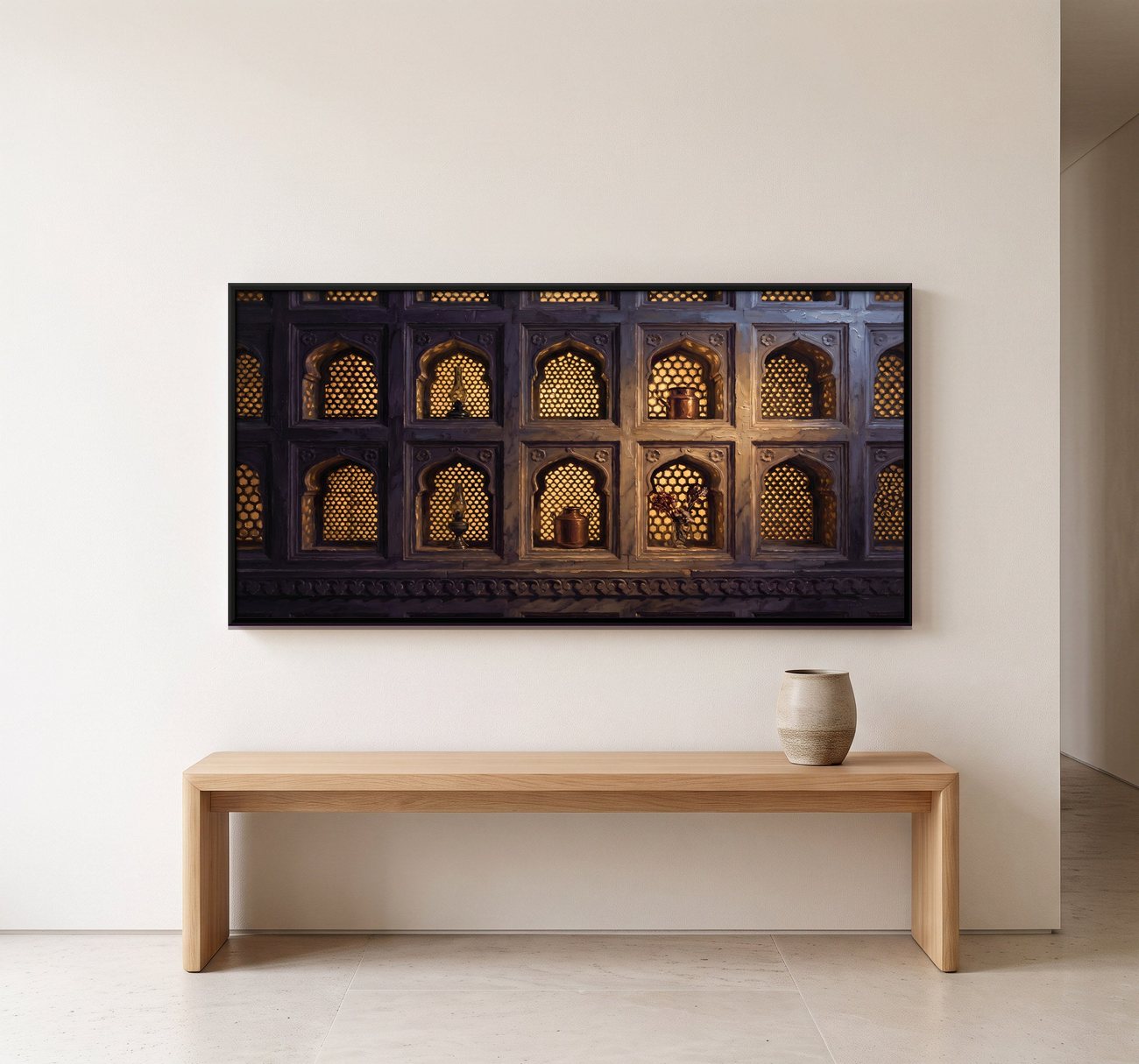 A canvas of arched niches with glowing jali screens above a wooden bench