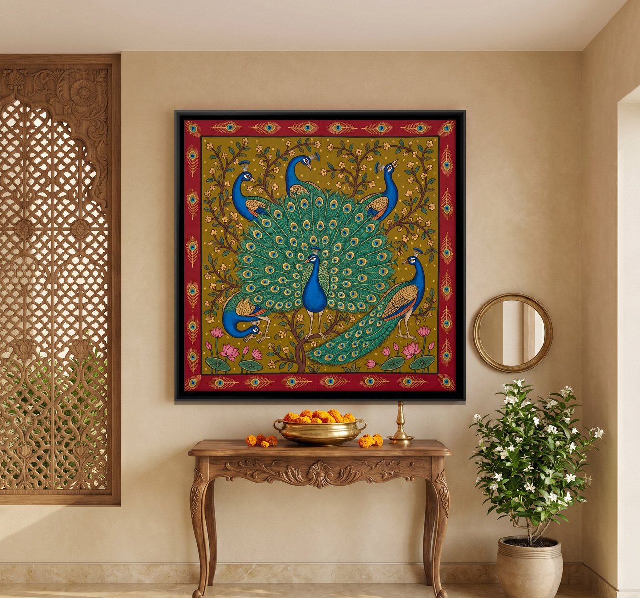 A five-peacock pichwai canvas above a carved console beside a jali screen