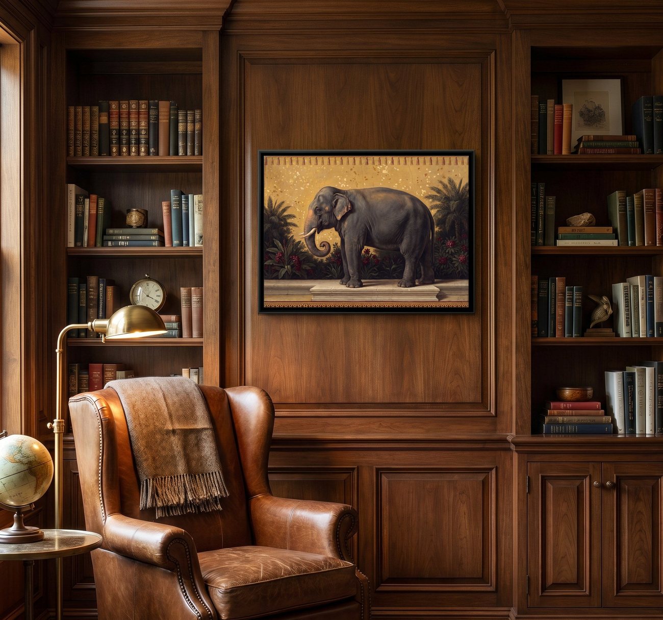 An Indian elephant on a garden terrace canvas in a wood-panelled study above a leather armchair